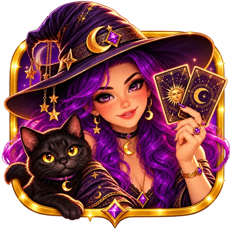 Ora, a purple-haired witch with a black cat, holding the Sun and Moon cards
